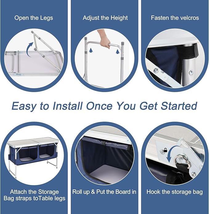 Outvita Folding Table, 4FT Aluminum Camping Table with Large Storage Space and Adjustable Height Picnic Table Lightweight for Carring Outdoor Party Events Beach