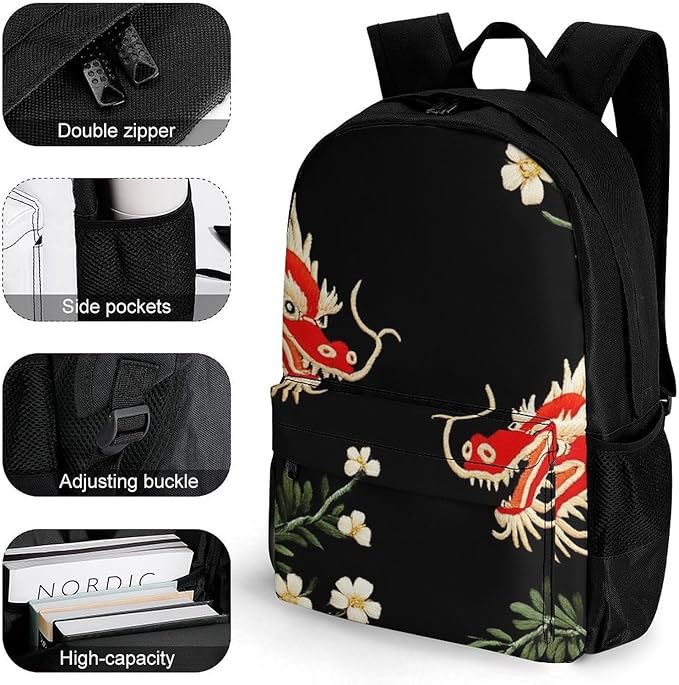 Polyester Daypack Backpack for Climbing Outdoors Running, Big Capacity Multipurpose Anti-Theft Bookbag, Floral Chinese Japanese Dragon Flower Travel Hiking Camping Rucksack