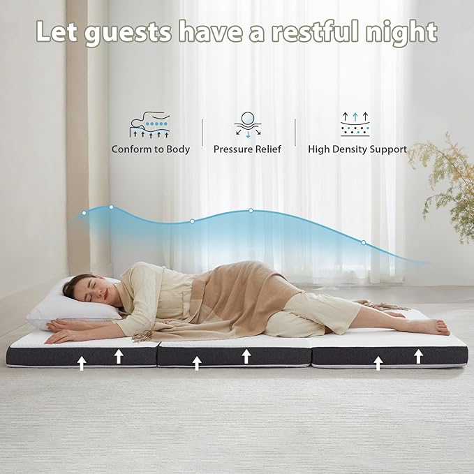 Tri Fold Memory Foam Foldable Mattress Single, 3 inch Folding Mattress for Guest Sleep. Portable Trifold Mat with Removable Washable Cover, Floor Sleeping Mat for Adult and Kid