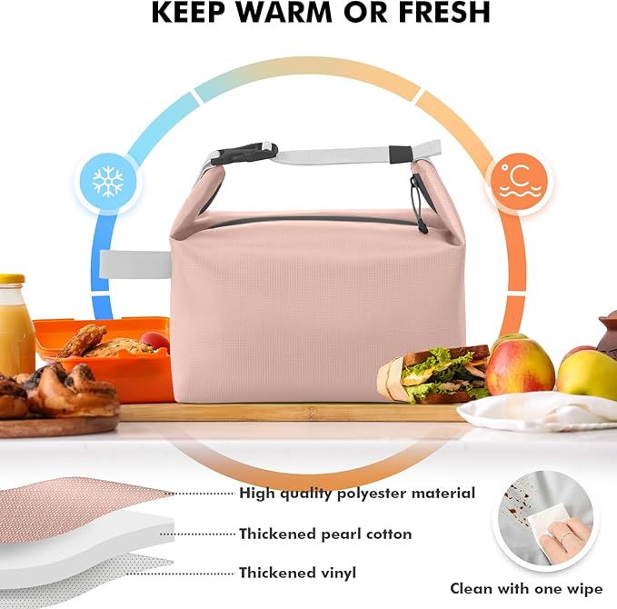 Lunch Bag for Women & Men Fresh Keep Lunch Box, Small Leakproof Cooler Bag Food Lunch Containers High Capacity Reusable Loncheras para Mujer for Work, Office, Picnic, Travel (Pink)