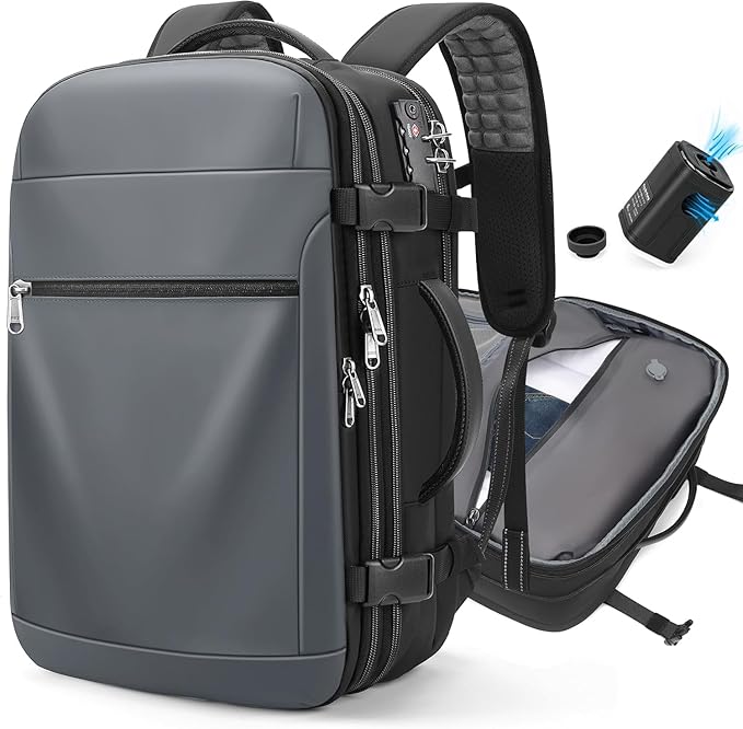 POSO Vacuum Backpack Travel – 60L Expandable Vacpack Backpack with Vacuum Pump/TSA Lock/Laptop Compartment (Fits 17"), Water-Resistant Compression Bag for Flight & Business (Grey)