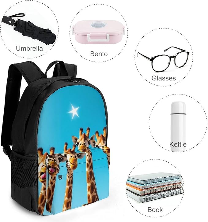 Supdreamc Polyester Daypack Backpack for Trekking Picnic Walking Cycling, Large Capacity Anti-Theft Multipurpose Shoulder Bag, Giraffe Selfie Casual Daypack