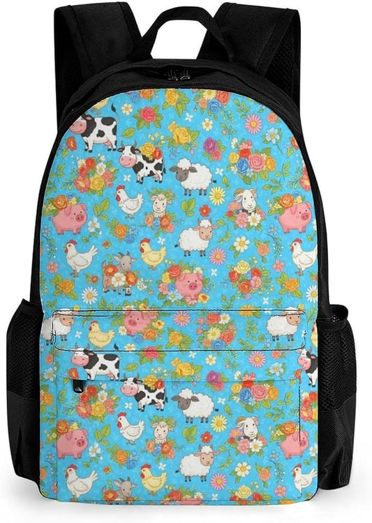 Polyester Daypack for Camping Travel Walking Cycling, Big Capacity Anti-Theft Multipurpose Bookbag, Farm Animals Cow Sheep Goat Chick Floral Camping Outdoor Backpack