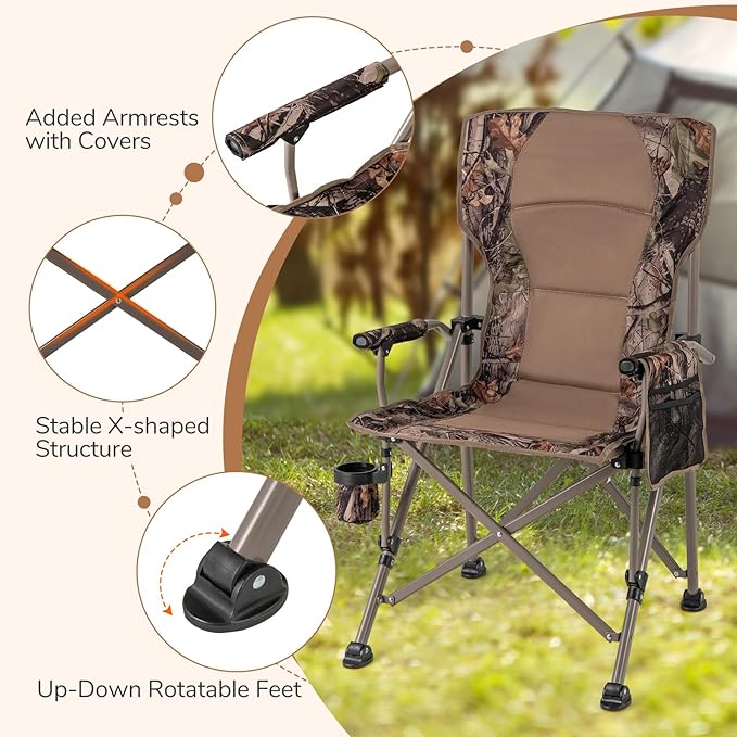 Goplus Folding Camping Chair, 400 LBS Support Lawn Chair w/Armrests with Covers, Cup Holder & Storage Pocket, Adjustable Feet, Portable Camp Chair with Carrying Bag, for Fishing Hunting Picnic (2)