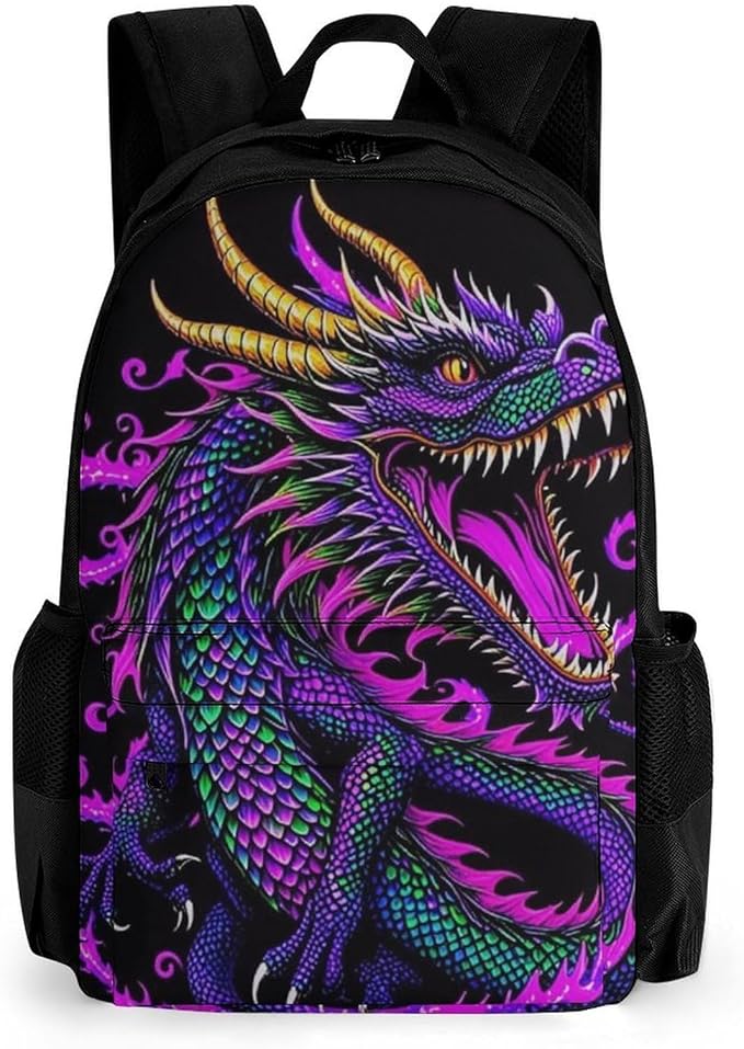 Men Women Lightweight Burning Flaming Fire Chinese Dragon Art Backpack Large Capacity Bookbag With Smooth Zippers for Gym Business Running