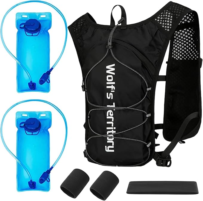 Hydration Backpack with 2pcs 2L Water Bladder, Lightweight Water Backpack for Hiking, Hydration Vest with 2pc Wrist Braces and 1pc Head Band for Running Biking Cycling for Women and Men