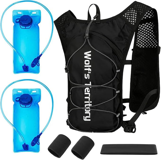 Hydration Backpack with 2pcs 2L Water Bladder, Lightweight Water Backpack for Hiking, Hydration Vest with 2pc Wrist Braces and 1pc Head Band for Running Biking Cycling for Women and Men