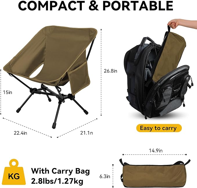 Ultralight Camping Chair, Portable Folding Backpacking Chair, Compact Camping Chair with Carry Bag for Outdoor Camp Hiking Backpack Beach Travel (Khaki)