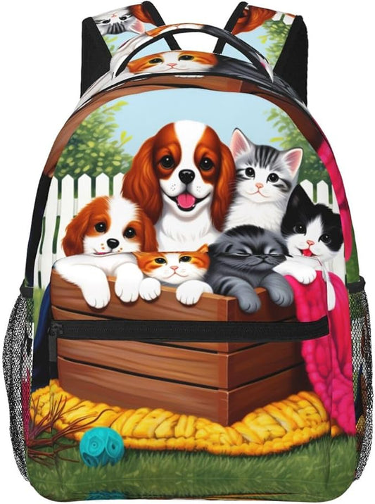 Men Women Lightweight Cute Animals Happy Dogs And Cats Art Backpack Large Capacity Bookbag With Smooth Zippers for Gym Business Running