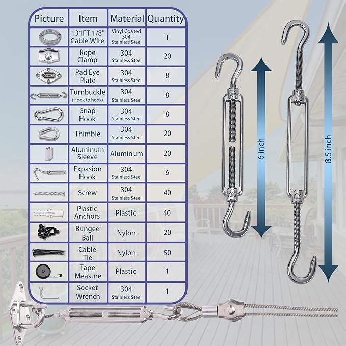 Shade Sail Hardware Kit 6 inch with 131FT 1/8" Wire Rope Kit for Triangle Rectangle Sun Shade Sail Outdoor Installation turnbuckles for Cables Wire for Outdoor,Garden,Kitchen,Craft,243PCS