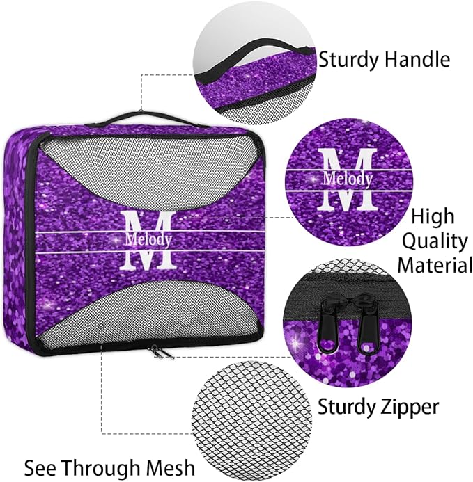 Custom Name 4 Pcs set travel luggage organizer Mesh Travel Essentials for Suitcases, Purple Sequins with Initial Letter