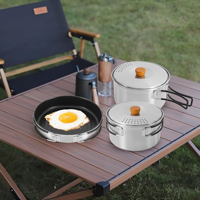 Camping Cookware Set, 304 Stainless Steel Camping Pots and Pans Set Outdoor Cookware Set with Storage Bag Campfire Cooking Equipment for Camping Outdoor Cooking Picnic