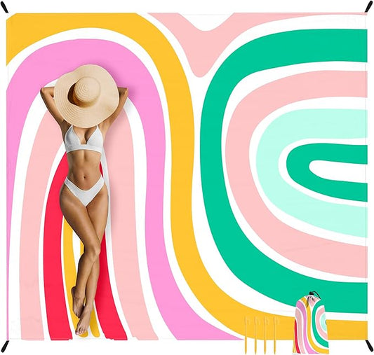 Beach Blanket, Waterproof Sandproof Beach Mat with 4 Stakes & 4 Pockets, 78''×86'' Large Compact Lightweight Sand Free Outdoor Essentials for Beach, Picnic, Travel, Camping