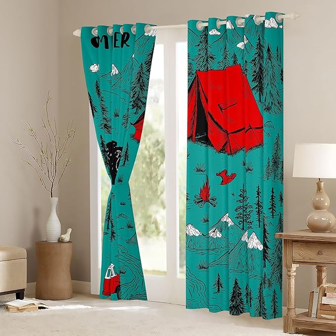 Feelyou Camper Camping Curtains for Bedroom Living Room Rustic Farmhouse Animal Bear Blackout Darkening Drapes Green Camping Window Treatments, 2 Panels 52 x 96 Inch Room Decor