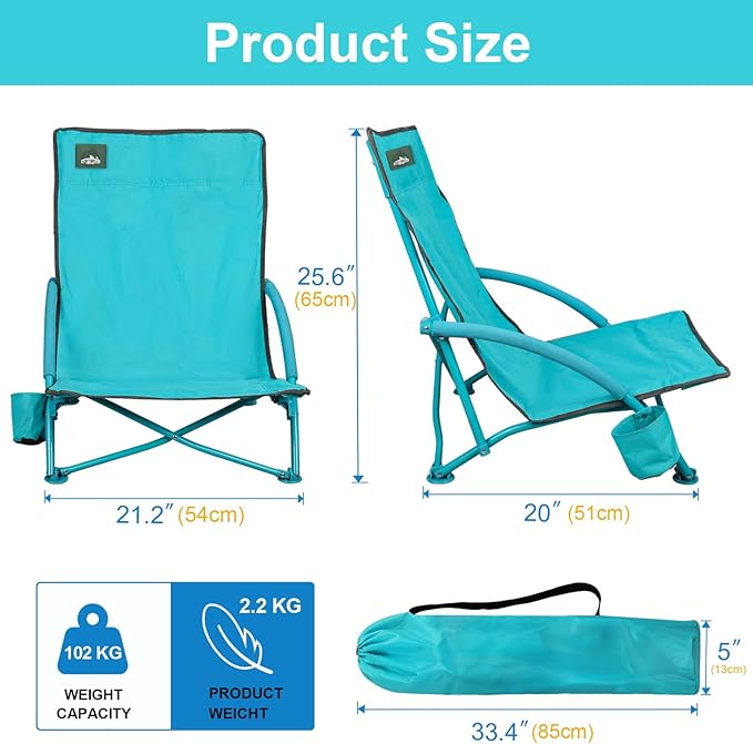 NORTHROAD 2 Pack Low Folding Beach Chair,Portable Lightweight Lowback Sling Chair, Outdoor Low Seat Camping Chair w/Cup Holder & Carry Bag for Sand Camping Lawn Picnic Festival,Blue