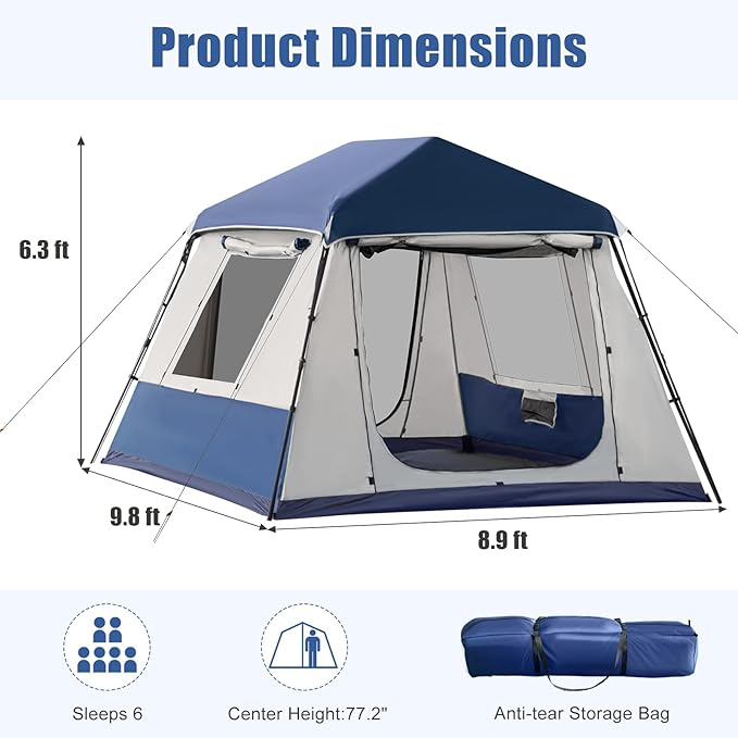 YOLENY Instant Tent, 4 Person Camping Tent with Vestibule & Rainfly, 150D Blackout Cabin Tent, UPF 12500, 137.7 FT² Activity Space, Windproof Waterproof