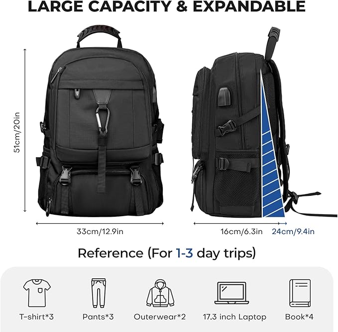 Large Travel Backpack for Men Women,Carry on Backpack with Shoe Compartment USB Charging Port,College Backpack,Bookbag fit 17.3 Inch Laptop for Business Hiking Camping (Fits 4.92-5.91 ft height)