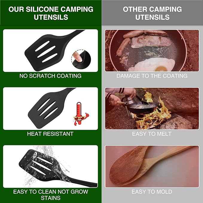 Camping Cooking Essentials Utensils Set - Camp Cookware Kitchen Accessories Kit, Camper Gear Must Haves, Stainless Steel & Silicone, RV Car Portable Outdoor Equipment Tool