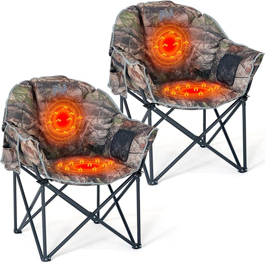 2 Pack Oversized Heated Camping Chair, 3 Heating Levels Portable Folding Camp Chairs with Pillow and Storage Bag, Outdoor Heated Moon Chair for Camping Lawn Patio Beach and Picnics, Camo