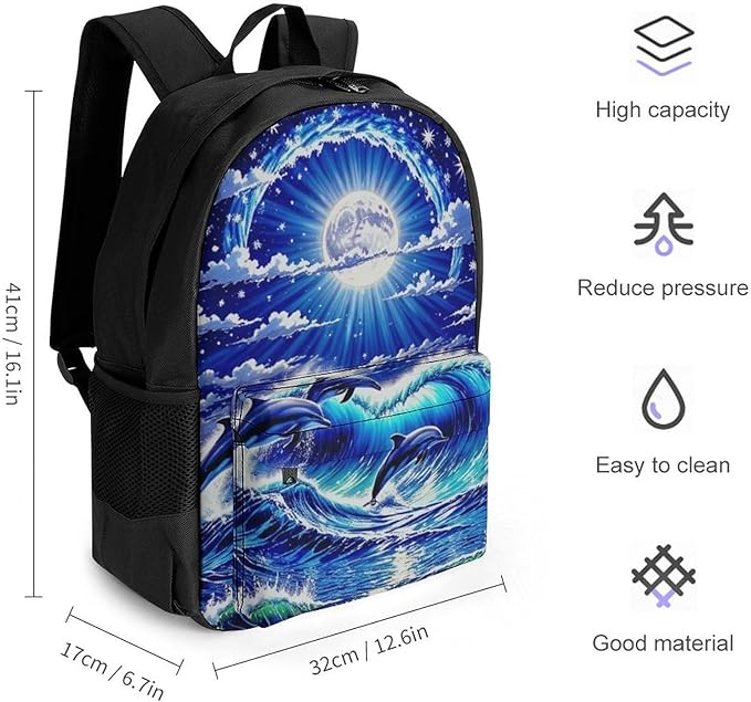 Supdreamc Lightweight Rucksacks for Climbing Outdoors Walking Cycling, Large Capacity Anti-Theft Multipurpose Carry On Bag, Dolphin Blue Great Water Of Waves Sea Moon Camping Outdoor Backpack