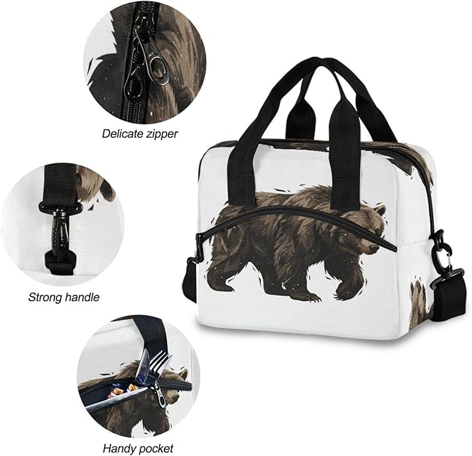 ALAZA Black Bear Animal Colorfu Lunch Box for Men Women Adults Insulated Lunch Bag Cooler Bag with Adjustable Shoulder Strap for Work Picnic Travel