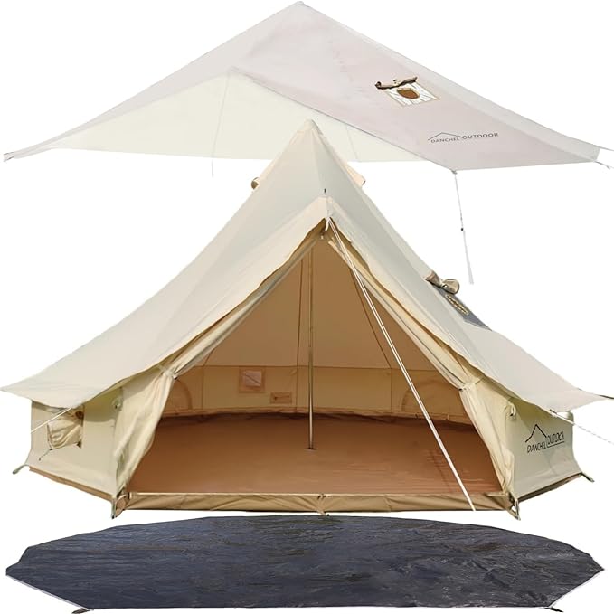 DANCHEL OUTDOOR 4 Season Canvas Bell Tent with Rain Fly Stove Jack, Footprint for 6 Person Family Camping Yurts Glamping, 5m/16.4ft