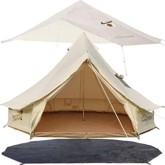 DANCHEL OUTDOOR 4 Season Canvas Bell Tent with Rain Fly Stove Jack, Footprint for 6 Person Family Camping Yurts Glamping, 5m/16.4ft