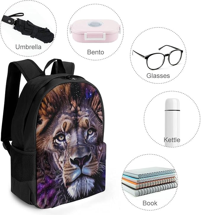 Polyester Daypack for Camping Travel Walking Cycling, Big Capacity Anti-Theft Multipurpose Bookbag, Lion Starry Night Moon Scenery Camping Outdoor Backpack