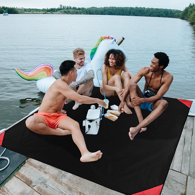 Odoland Pocket Blanket Picnic Blanket, 71" x 63" SandProof Waterproof Outdoor Beach Blanket with Portable Bag, Foldable Lightweight Sand Free Quick Drying Beach Mat for Hiking Camping Travel, Black