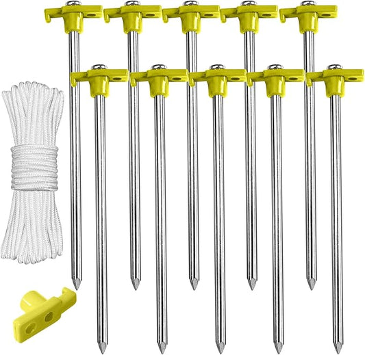 ABCCANOPY 15 Inch Tent Stakes 10 Pcs Non-Rust Metal Ground Anchors, Heavy Duty Spikes with 4 Ropes for Outdoor Camping, Yellow