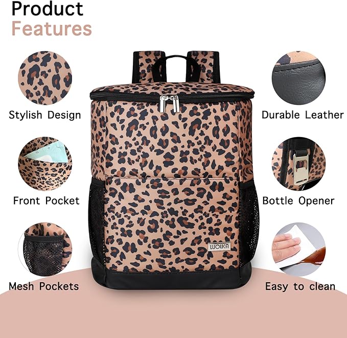 Wolka Cooler Backpack 30 Cans,Portable Backpack Coolers Insulated Leak Proof,Waterproof Soft Sided Cooler Bag for Travel,Beach,Camping,Picnic,Lunch Backpack for Women (Brown Leopard)