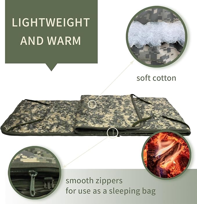 GRVCN Military Blanket - Camping Sleeping Bag with Zipper, Poncho Liner Thermal Insulated Blanket, Lightweight Portable Outdoor Hiking Survival Compression Carry Bag