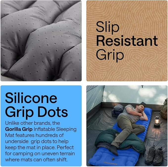 GORILLA GRIP Slip-Resistant Inflatable Sleeping Pad, Puncture Resistant Lightweight Camping Mattress, Foot Pump, Air Mats for Travel Backpacking, Inflating Bed Camp Sleep Pads for Tent, Blue