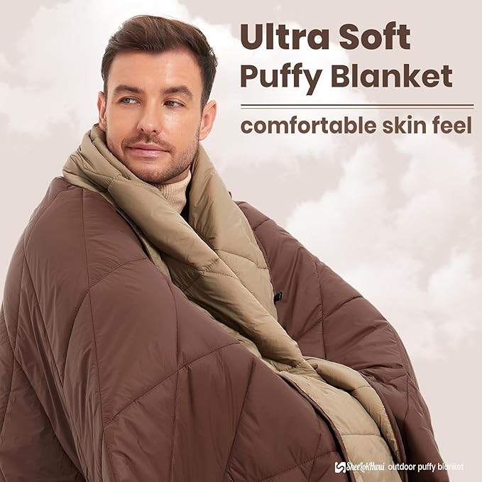 Outdoor Puffy Blanket, Reversible Warm Camping Blanket, Water-Resistant, Packable, Lightweight, Camping Quilt, for Stadium, Backpacking, Hammock, Picnic. 79"x55". Classic Coffee