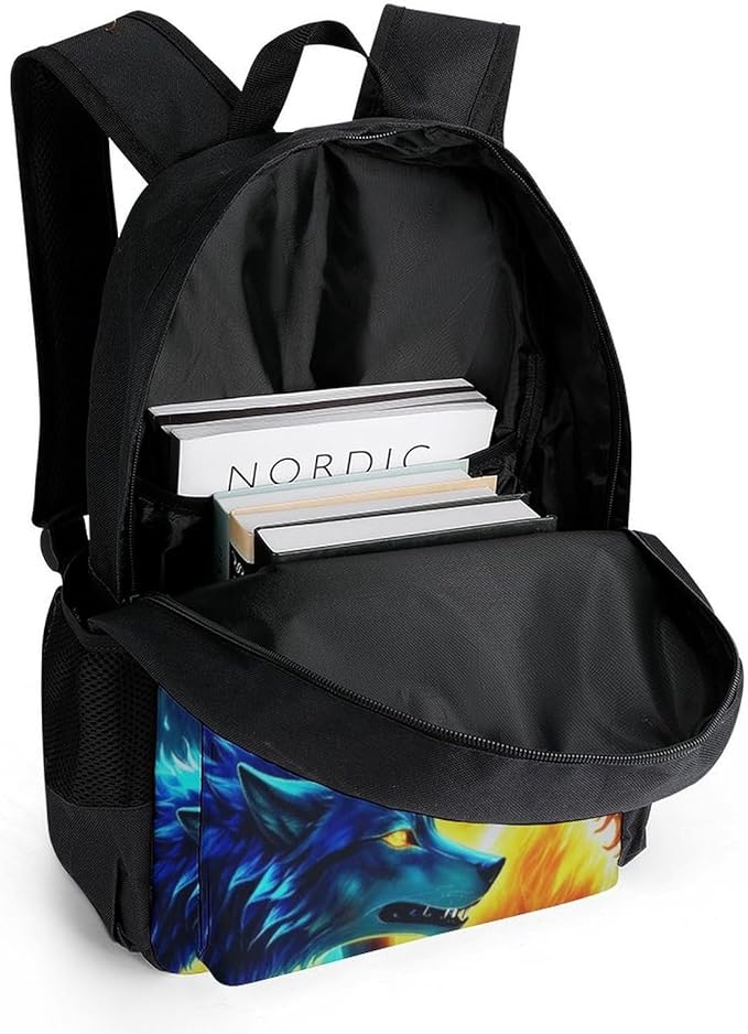 Supdreamc Men Women Lightweight Ice And Fire Flaming Cool Wolf Casual Daypack Big Capacity Bookbag With Padded Straps for Gym Travel Walking Cycling