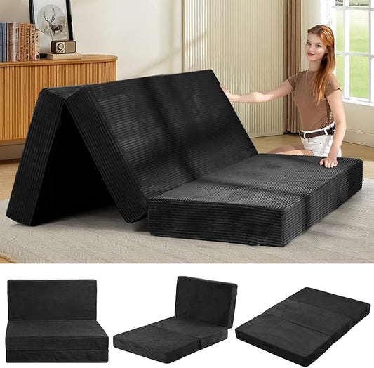 6-Inch Tri-Fold Mattress Queen Size - Foldable Futon Sofa Bed with Removable Washable Cover, Folding Memory Foam Futon Mattress | Non-Slip Bottom & Carry Handles for Guest, Camping, Dorm