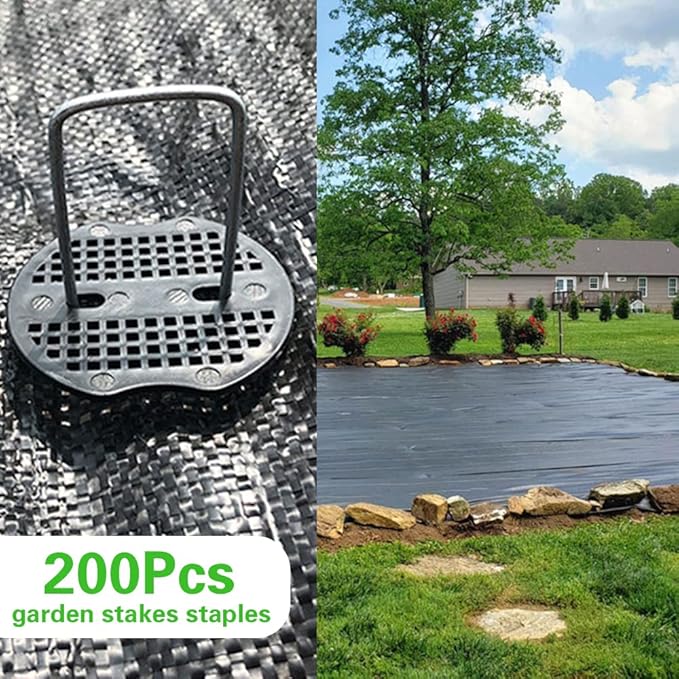 Bakulyor 200Pcs Landscape Staples + 200Pcs Gasket, 6 Inch Garden Stakes Staples 11 Gauge U Shaped Galvanized Lawn Landscape Pins, Heavy Duty Yard Ground Pin for Weed Barrier Sod Fabric Decorations