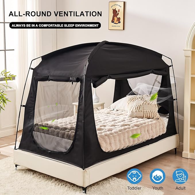 Privacy Sleep Indoor Bed Tent for Adults Kids, Portable Blackout 90% Canopy Tents with 3 Doors Breathable Mesh Windows