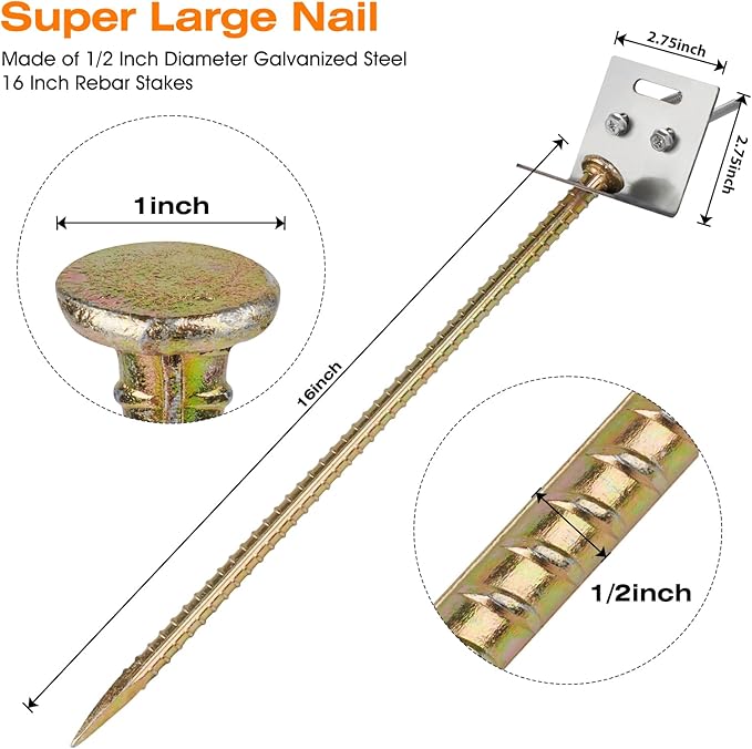 Ground Anchors 16" Large Ground Nail Stake with Brackets 4pcs Earth Anchors Mobile Home Storage Shed Anchor Kit Swing Set Anchors for Metal Swing Set Playset Tie Down