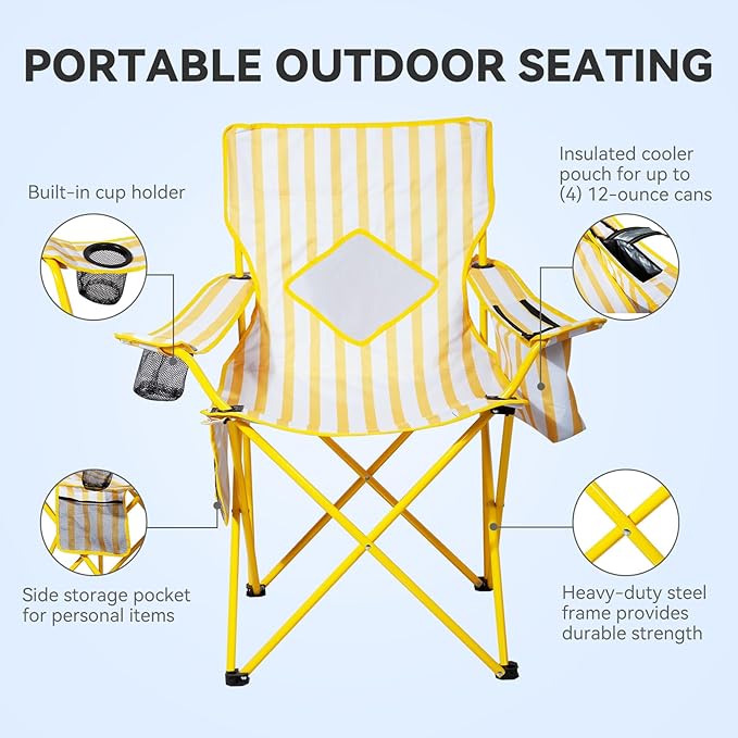 Nazhura 2 Pack Folding Camping Chair with Cooler Pouch, Mesh Backrest and Cup Holder Pocket (Yellow, 2 Pack)