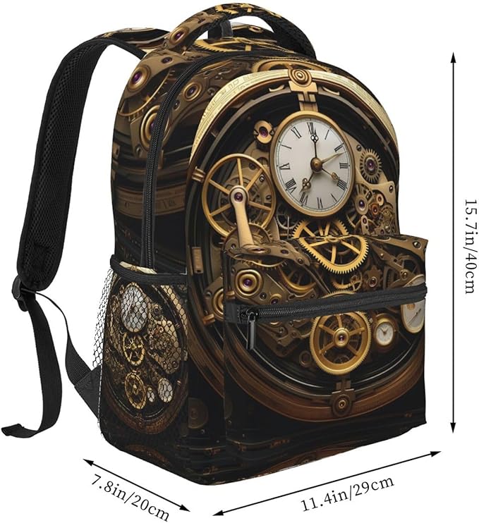 Men Women Lightweight Cool Steampunk Gears Art Daypack Bookbag Big Capacity Carry On Bag With Side Pockets for Camping Travel Bicycle