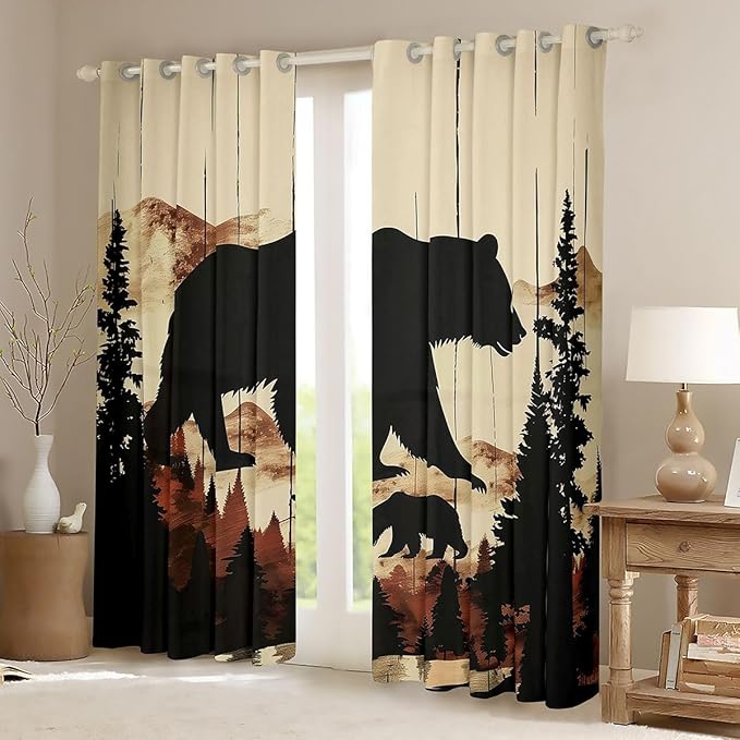 jejeloiu Bear Silhouette Mountain Curtains for Bedroom Living Room Rustic Wood Bear Pine Tree Pattern 30%-50% Blackout Darkening Drapes Pine Tree Window Treatments, 2 Panels 52 x 84 Inch Wildlife Room