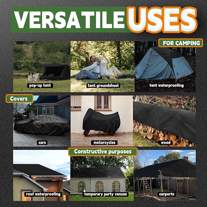RAINDEWAY Black Tarp 10x12 Feet, UV Resistant, 8 Mil Multipurpose Medium Duty Waterproof Poly Tarp Cover with Metal Grommets and Reinforced Edges