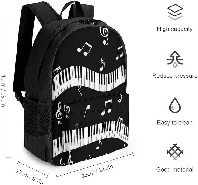 Supdreamc Polyester Daypack Backpack for Climbing Outdoors Running, Big Capacity Multipurpose Anti-Theft Bookbag, Music Note Black And White Piano Keys Travel Hiking Camping Rucksack
