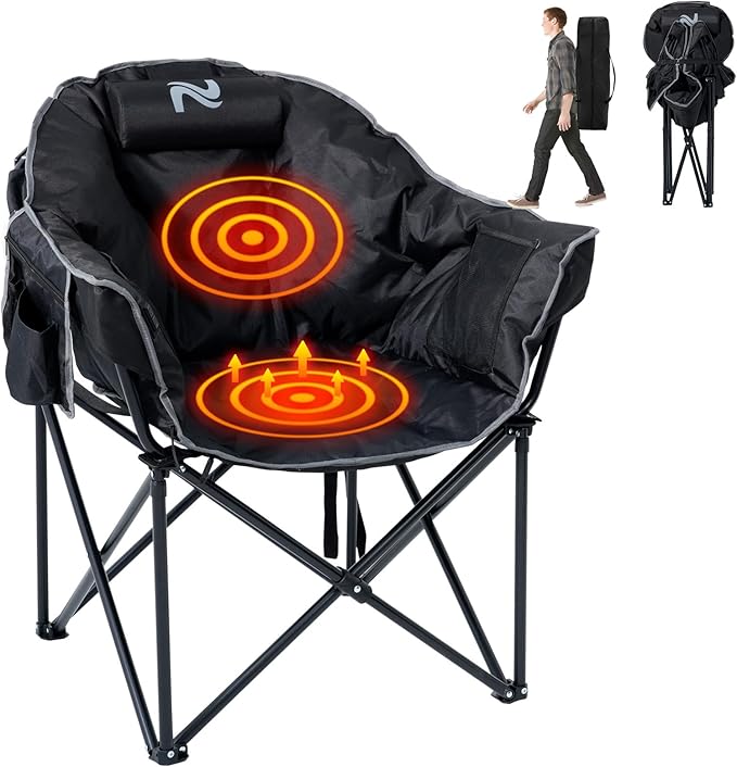 ABORON Heated Camping Chair Oversized, Three Model Portable Heated Cushion Folding Chair, Heavy Duty Heated Foldable Chairs Support Up to 500 lbs, Ideal for Outdoor Adventures