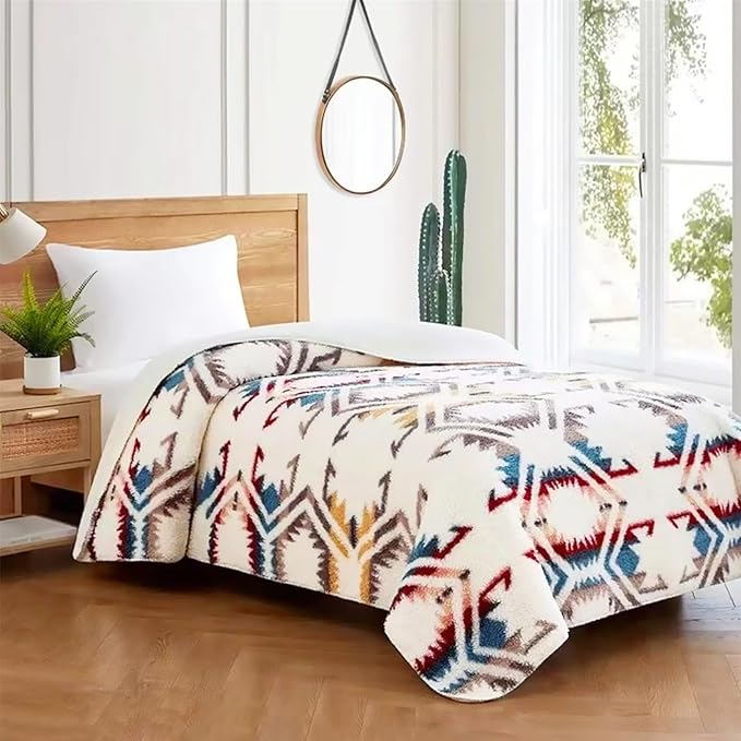 UKELER Boho Sherpa Fleece Blanket 80'' × 90'', Ultra Soft Aztec Queen Blanket for All Season, Cozy, Plush, Bohemian Throw Blanket for Bed/Couch/Sofa/Office/Camping