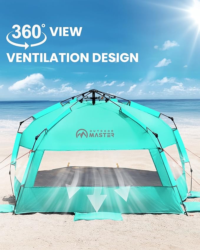 OutdoorMaster Beach Tent with Blackout Shelter Technology, Portable Sun Shade Shelter 4 Person, Pop Up Beach Tents with UPF 50+ UV Protection, 9.5mm Thick Pole, 3 Ventilating Mesh Windows -Green