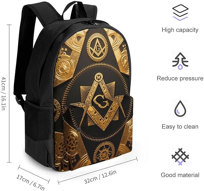 Rucksack Anti-Theft Multipurpose Big Capacity Carry On Bag, Gold Freemason Freemasonry Masonic Art Traveling Camping Backpack With Side Pockets
