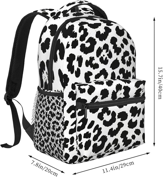 Men Women Polyester Leopard Cheetah Black White Daypack Big Capacity Shoulder Bag With Smooth Zippers for Hiking Work Walking Cycling