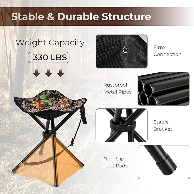 Tangkula 2 Pack Camouflage Hunting Stool, Heavy-Duty 4 Legged Folding Stool with Carrying Strap, Lightweight Portable for Hunting, Fishing, Hiking, Backpacking